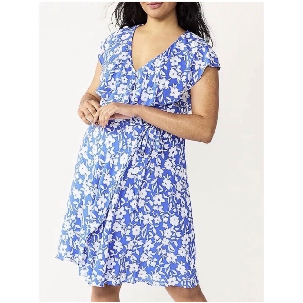 Draper James RSVP Blue White Floral Faux‎ Wrap Ruffle Dress Large Short Sleeve